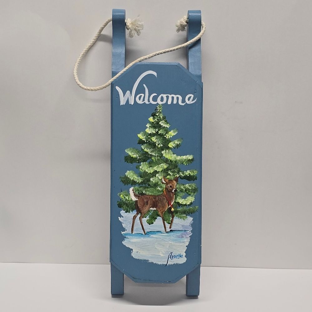 Vintage Hand Painted Wooden Sled Christmas Holiday Wall Decor Sleigh Fawn Deer